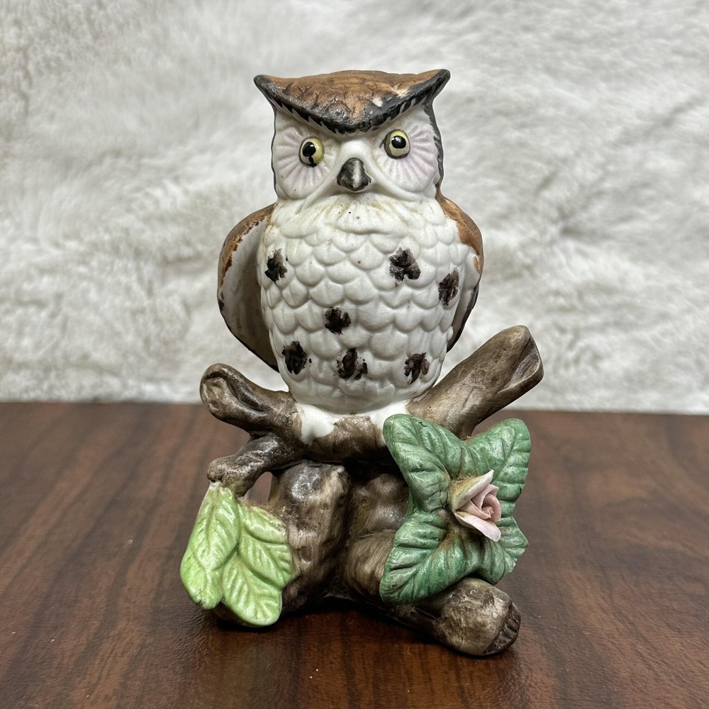 Owl‎ Figurine Ceramic Porcelain Hand Painted Owl on Branch with Flower Decor